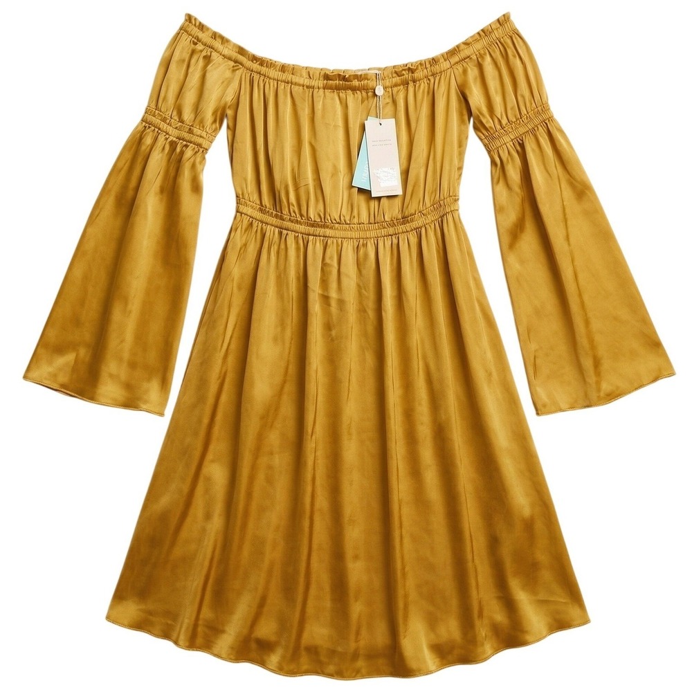 SHORE Shore Brand Off-the-Shoulder Mini Dress XL Gold Boho Romantic NWT $198 - Picture 3 of 14